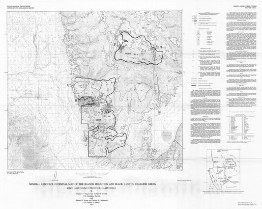 Map : Mineral resource potential of the Blanco Mountain and Black Canyon Roadless Areas, Inyo and Mono Counties, California, 1983 Cartography Wall Art :
