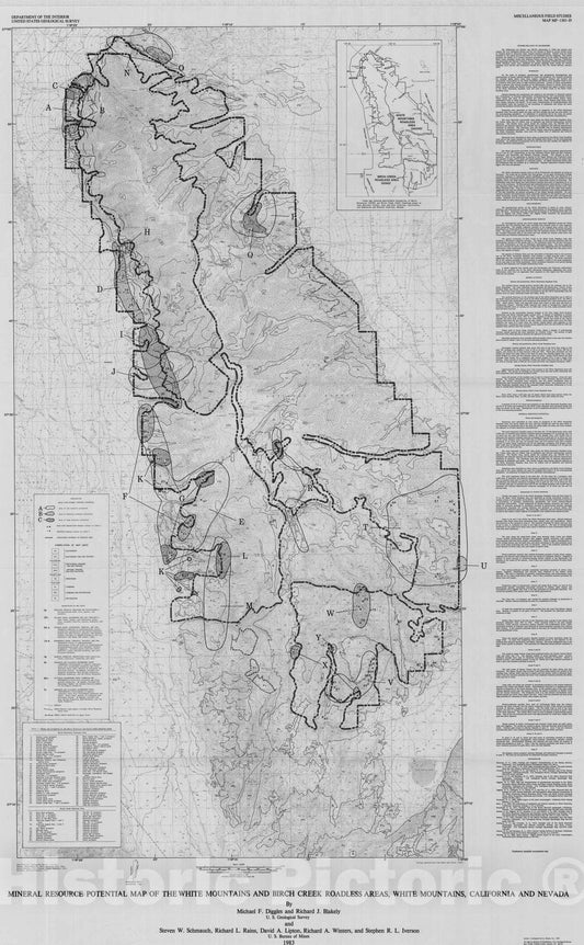 Map : Mineral resource potential of the White Mountains and Birch Creek Roadless Areas, White Mountains, California and Nevada, 1983 Cartography Wall Art :