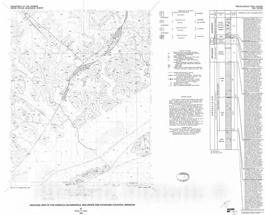 Map : Geologic map of the Dongola quadrangle, Bollinger and Stoddard Counties, Missouri, 1981 Cartography Wall Art :