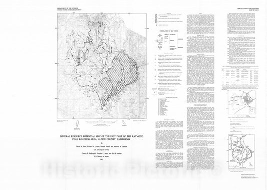 Map : Mineral resource potential map of the east part of the Raymond Peak Roadless Area, Alpine County, California, 1983 Cartography Wall Art :