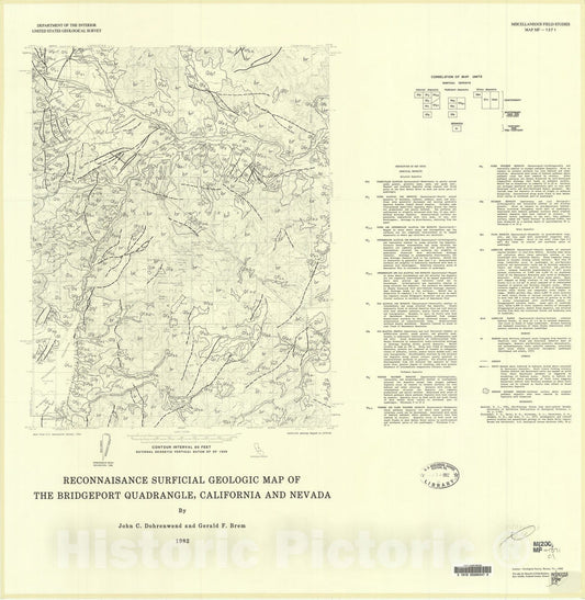 Map : Reconnaissance surficial geologic map of the Bridgeport quadrangle, California and Nevada, 1982 Cartography Wall Art :