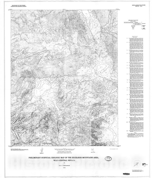 Map : Preliminary surficial geologic map of the Excelsior Mountains area, west-central Nevada, 1982 Cartography Wall Art :
