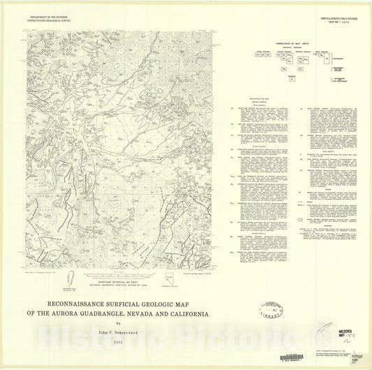 Map : Reconnaissance surficial geologic map of the Aurora quadrangle, Nevada and California, 1982 Cartography Wall Art :