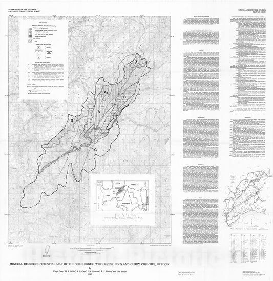 Map : Mineral resource potential of the Wild Rogue Wilderness, Coos and Curry Counties, Oregon, 1983 Cartography Wall Art :