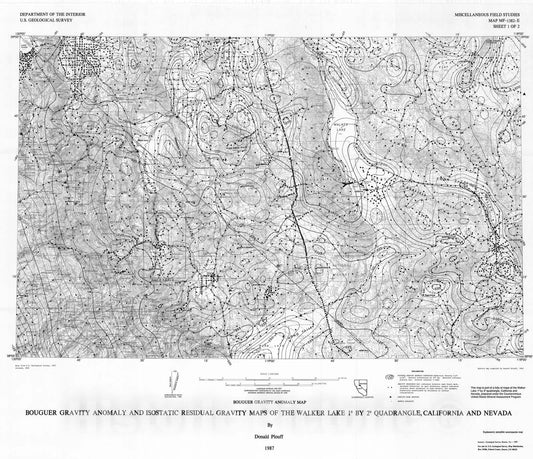 Map : Bouguer gravity anomaly and isostatic residual gravity maps of the Walker Lake one degree by two degrees quadrangle, California and Nevada, one987 Cartography Wall Art :
