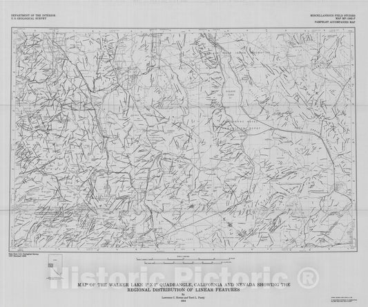 Map : Map of Walker Lake one degree x two degrees quadrangle, California and Nevada, showing the regional distribution of linear features, one984 Cartography Wall Art :