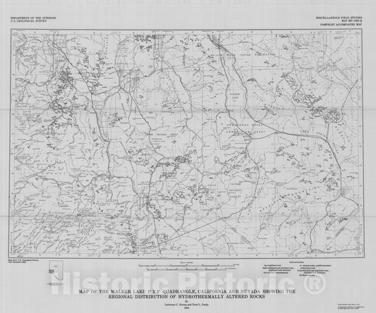 Map : Map of Walker Lake one degree x two degrees quadrangle, California and Nevada, showing the regional distribution of hydrothermally altered rocks, one984 Cartography Wall Art :