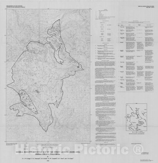 Map : Mineral resource potential map of the Dinkey Lakes Roadless Area, Fresno County, California, 1983 Cartography Wall Art :