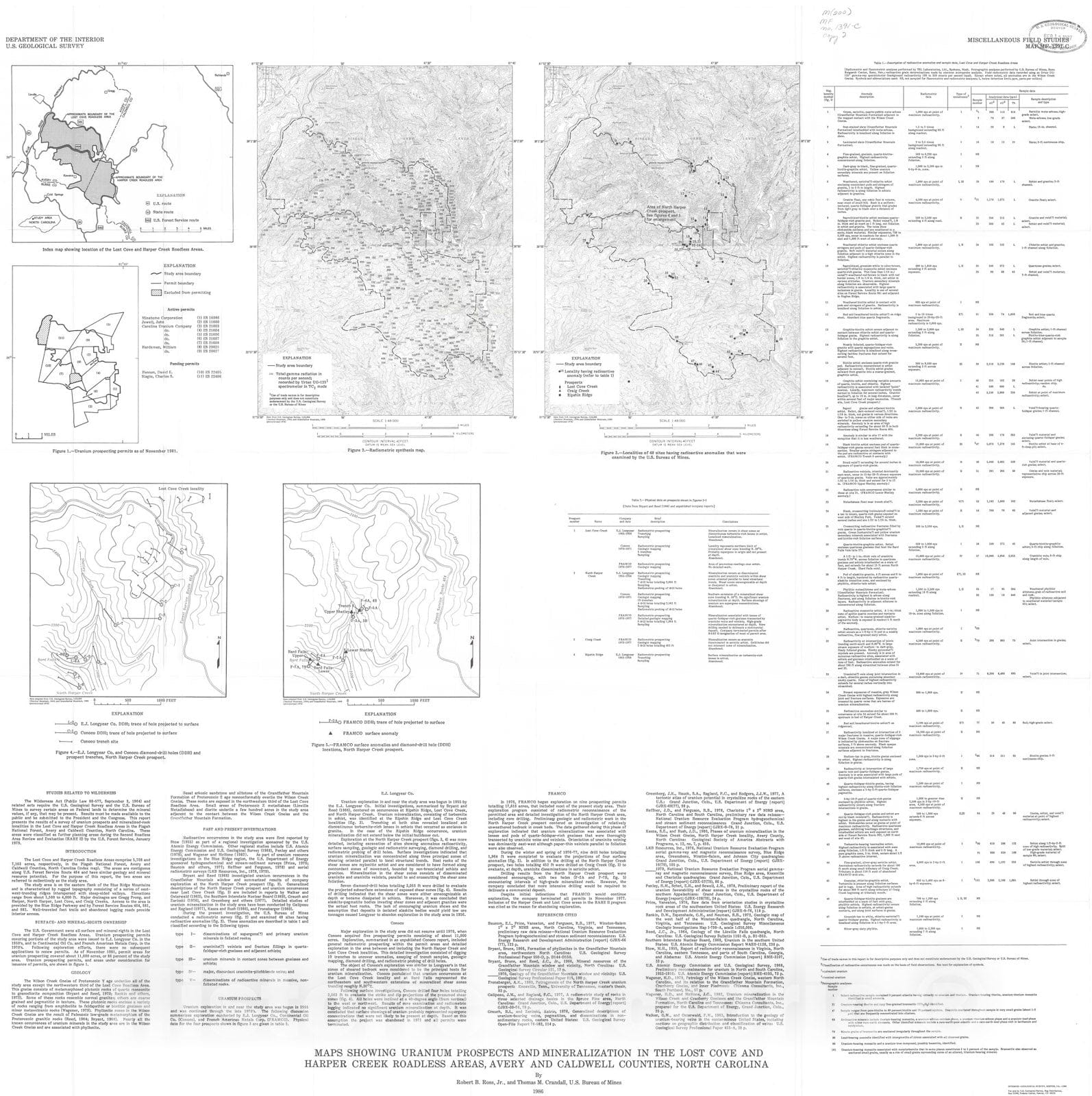 Map : Maps showing uranium prospects and mineralization in the Lost Cove and Harper Creek Roadless Areas, Avery and Caldwell Counties, North Carolina, 1986 Cartography Wall Art :
