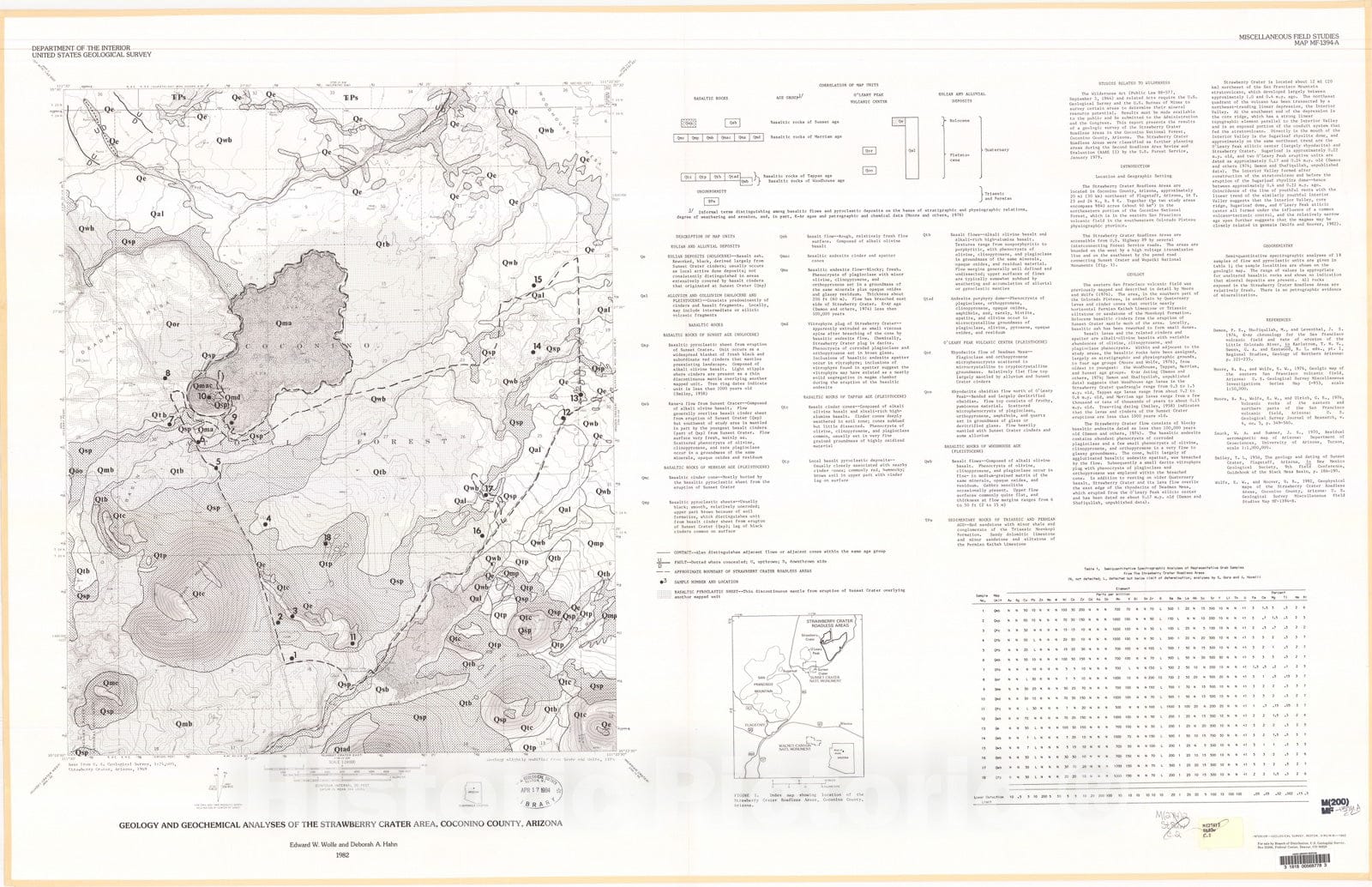 Map : Geologic and geochemical analysis of the Strawberry Crater area, Coconino County, Arizona, 1982 Cartography Wall Art :