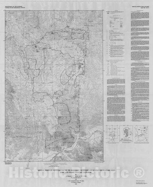 Map : Mineral resource potential map of the Domeland Wilderness and contiguous roadless areas, Kern and Tulare Counties, California, 1983 Cartography Wall Art :