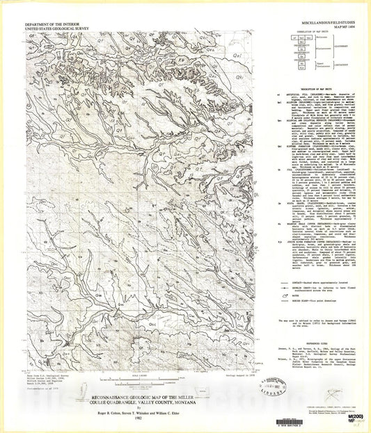Map : Reconnaissance geologic map of the Miller Coulee quadrangle, Valley County, Montana, 1982 Cartography Wall Art :