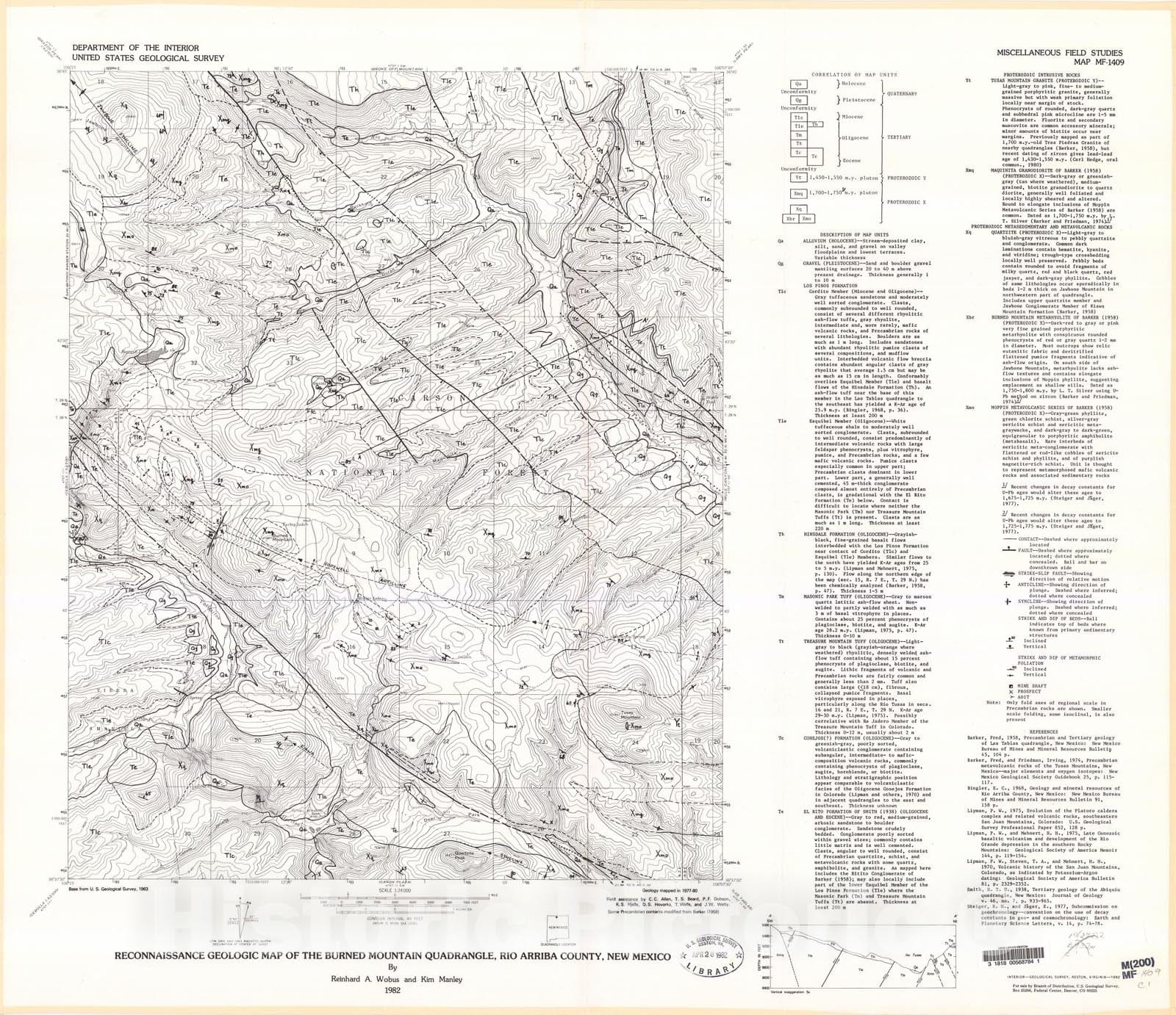 Map : Reconnaissance geologic map of the Burned Mountain quadrangle, Rio Arriba County, New Mexico, 1982 Cartography Wall Art :