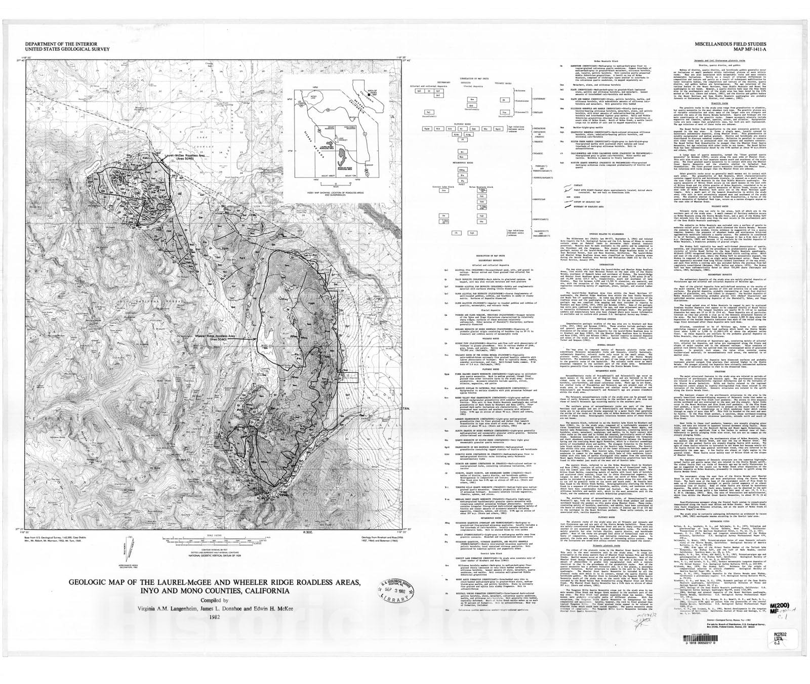 Map : Geologic map of the Laurel-McGee and Wheeler Ridge Roadless Areas, Inyo and Mono Counties, California, 1982 Cartography Wall Art :