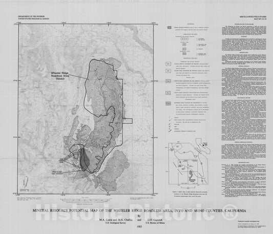 Map : Mineral resource potential map of the Wheeler Ridge Roadless Area, Inyo and Mono Counties, California, 1983 Cartography Wall Art :