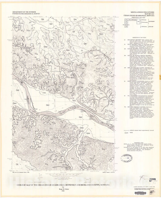 Map : Geologic map of the Cedar Coulee quadrangle, Roosevelt and Richland Counties, Montana, 1982 Cartography Wall Art :