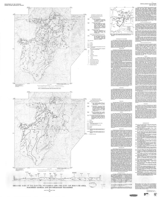 Map : Geologic maps of the Cohutta Wilderness and the Hemp Top Roadless Area, northern Georgia and southeastern Tennessee, 1982 Cartography Wall Art :