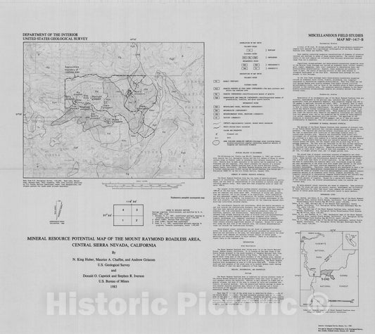 Map : Mineral resource potential map of the Mount Raymond Roadless Area, central Sierra Nevada, California, 1983 Cartography Wall Art :