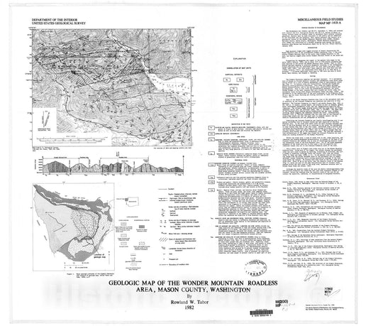 Map : Geologic map of the Wonder Mountain Roadless Area, Mason County, Washington, 1982 Cartography Wall Art :