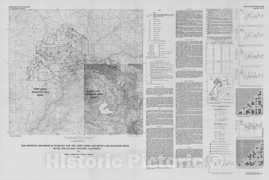 Map : Map showing geochemical summary for the Chips Creek and Buchs Lake Roadless Areas, Butte and Plumas Counties, California, 1985 Cartography Wall Art :