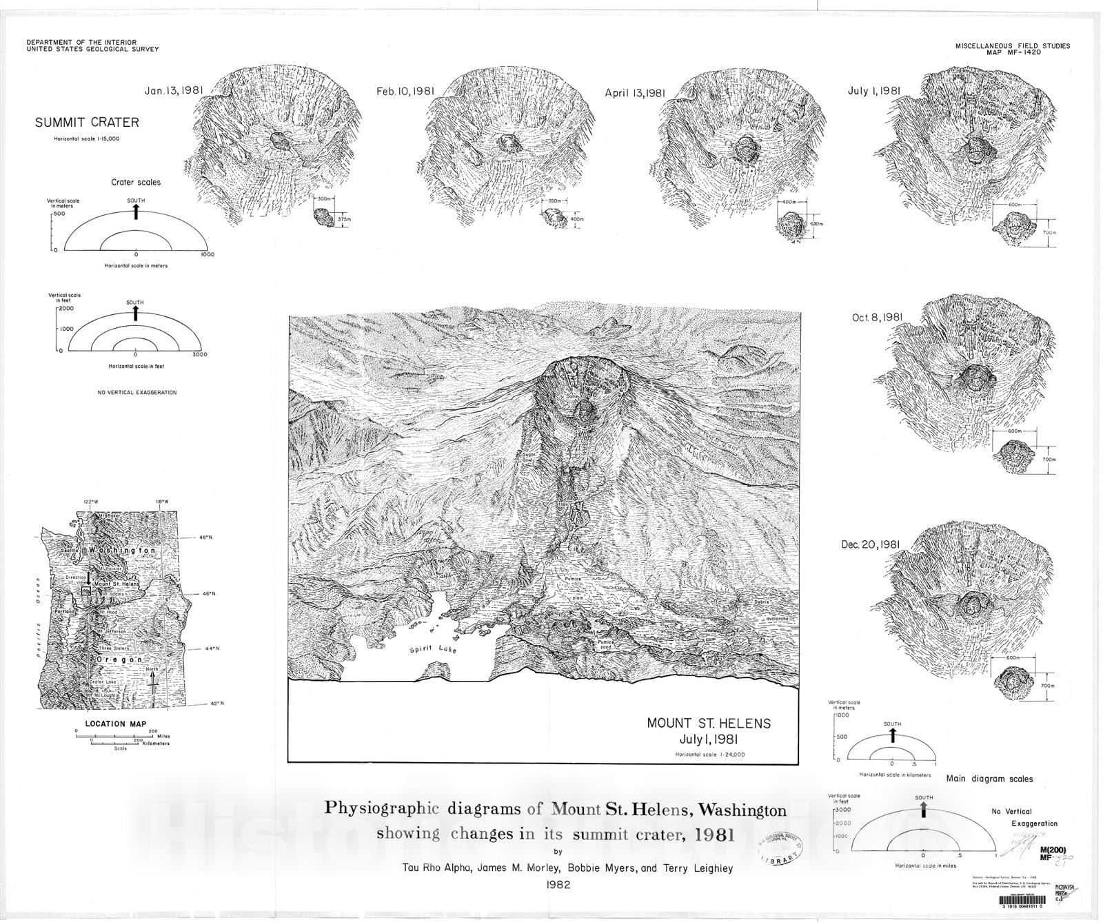 Map : Physiographic diagrams of Mount St. Helens, Washington showing changes in its Summit Crater, summer, 1981, 1982 Cartography Wall Art :
