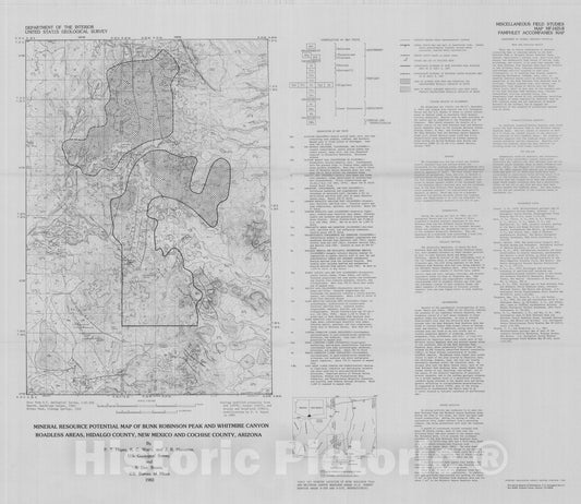 Map : Mineral resource potential map of Bunk Robinson Peak and Whitmire Canyon Roadless Areas, Hidalgo County, New Mexico and Cochise County, Arizona, 1983 Cartography Wall Art :