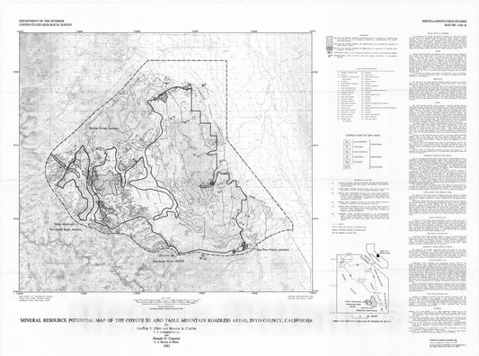Map : Mineral resource potential map of the Coyote SE and Table Mountain Roadless Areas, Inyo County, California, 1983 Cartography Wall Art :
