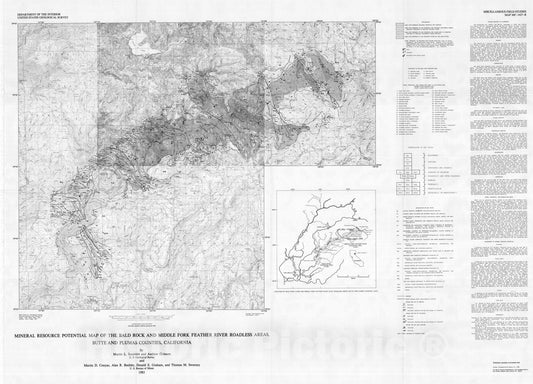 Map : Mineral resource potential map of the Bald Rock and Middle Fork Feather River Roadless Areas, Butte and Plumas Counties, California, 1983 Cartography Wall Art :