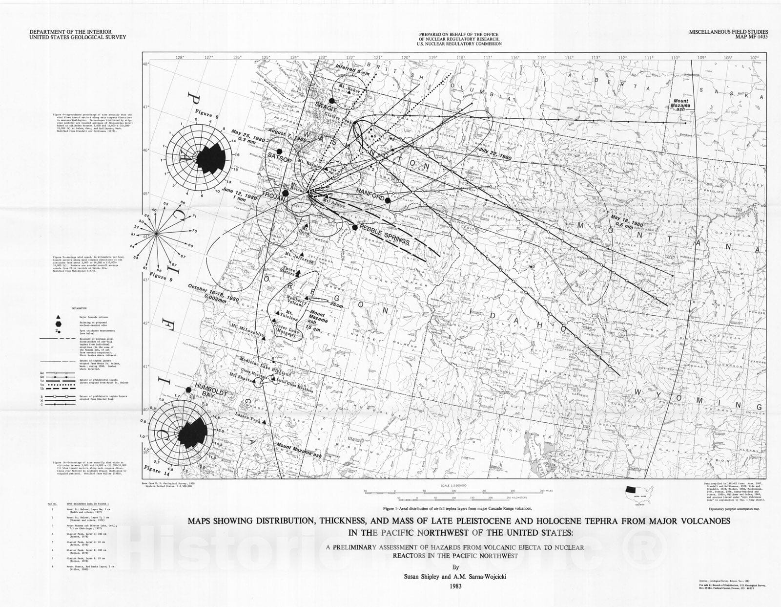 Map : Maps showing distribution, thickness, and mass of Late Pleistocene and Holocene tephra from major volcanoes in the Pacific northwe, 1983 Cartography Wall Art :
