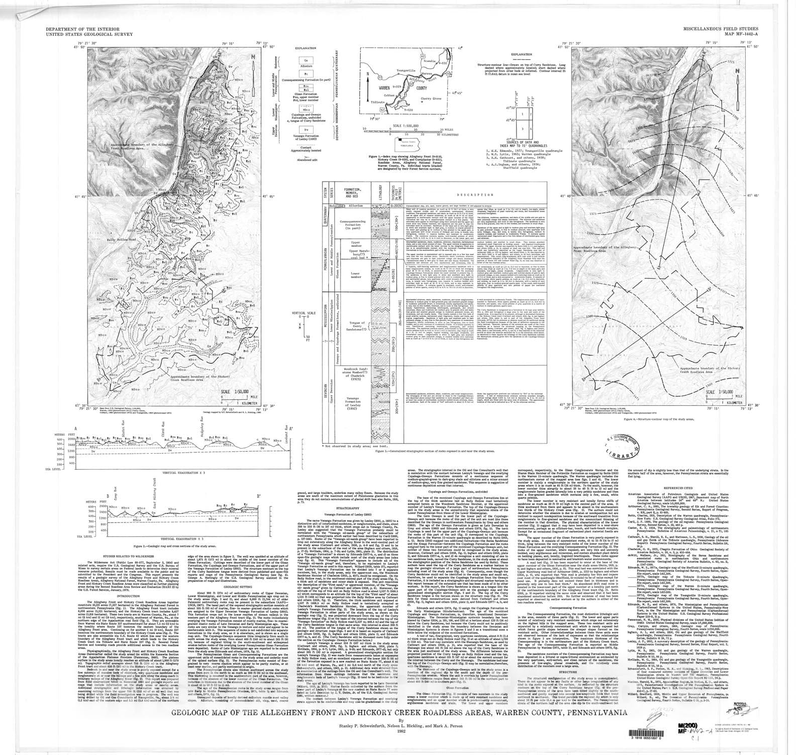 Map : Geologic map of the Allegheny front and Hickory Creek areas, Warren County, Pennsylvania, 1982 Cartography Wall Art :