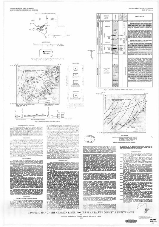 Map : Geologic map of the Clarion River Roadless Area, Elk County, Pennsylvania, 1982 Cartography Wall Art :