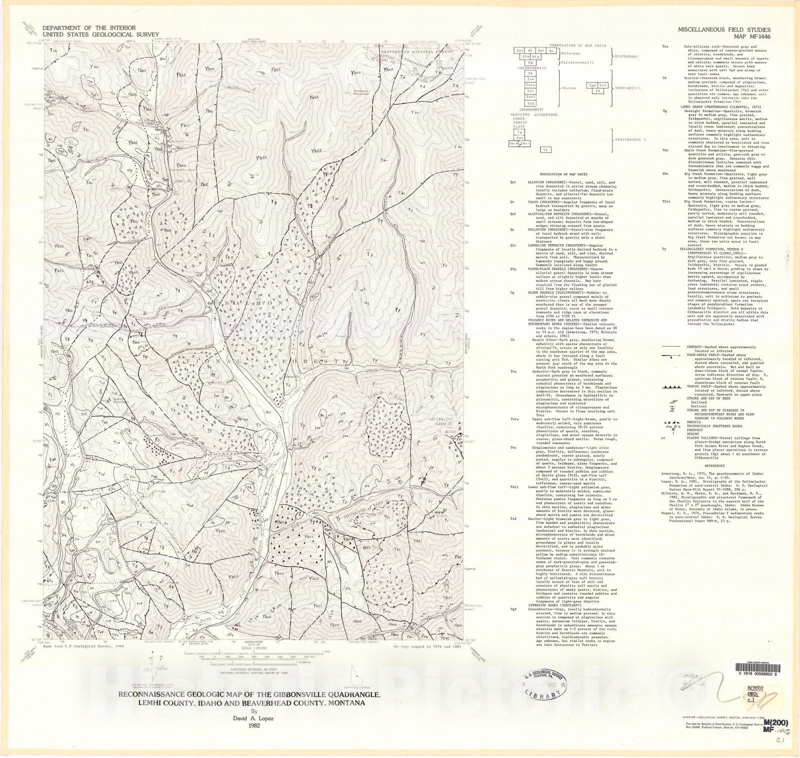 Map : Reconnaissance geologic map of the Gibbonsville quadrangle, Lemhi County, Idaho and Beaverhead County, Montana, 1982 Cartography Wall Art :