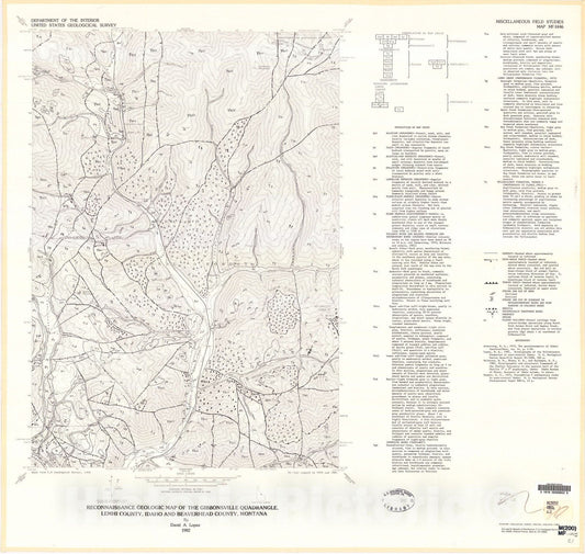 Map : Reconnaissance geologic map of the Gibbonsville quadrangle, Lemhi County, Idaho and Beaverhead County, Montana, 1982 Cartography Wall Art :