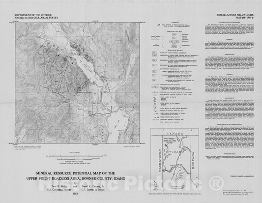 Map : Mineral resource potential map of the Upper Priest Roadless Area, Bonner County, Idaho, 1983 Cartography Wall Art :