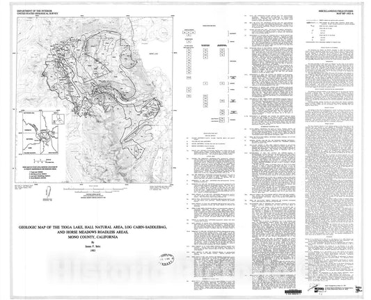 Map : Geologic map of the Tioga Lake, Hall Natural Area, Log Cabin-Saddlebag, and Horse Meadows Roadless Areas, Mono County, California, 1983 Cartography Wall Art :
