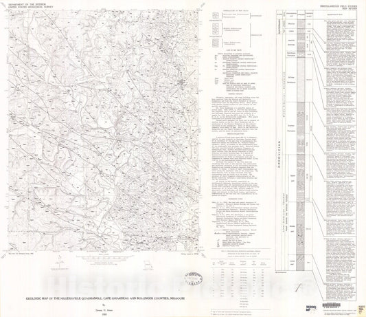 Map : Geologic map of the Millersville quadrangle, Cape Girardeau and Bollinger Counties, Missouri, 1982 Cartography Wall Art :