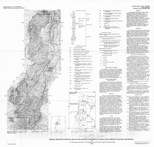 Map : Mineral resource potential map of the Manzano Wilderness, Valencia and Torrence Counties, New Mexico, 1983 Cartography Wall Art :
