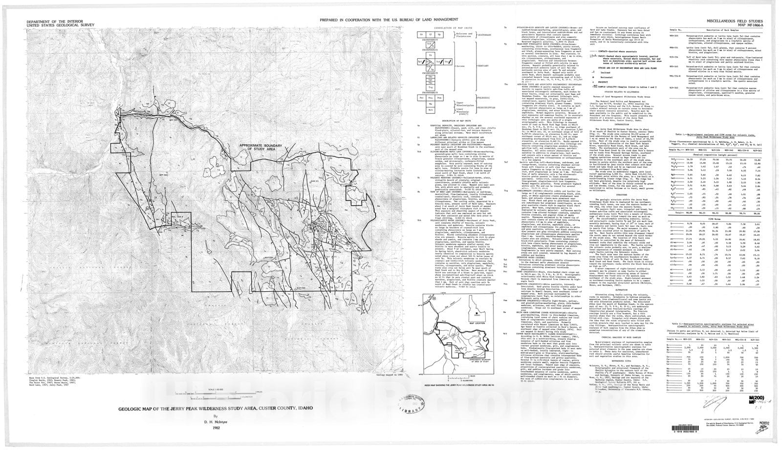 Map : Geologic map of the Jerry Peak Wilderness Study Area, Custer County, Idaho, 1982 Cartography Wall Art :