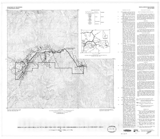 Map : Geologic and geochemical map of the Jerry Peak West and Boulder Creek Wilderness Study Areas, Custer County, Idaho, 1984 Cartography Wall Art :