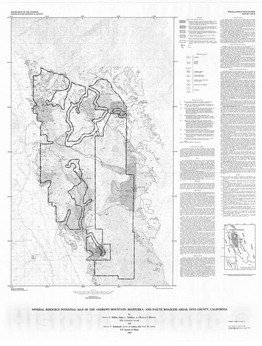 Map : Mineral resource potential map of the Andrews Mountain, Mazourka, and Paiute Roadless Areas, Inyo County, California, 1983 Cartography Wall Art :