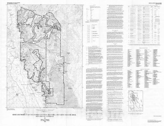 Map : Mines and prospects of the Andrews Mountain, Mazourka, and Paiute Roadless Areas, Inyo County, California, 1987 Cartography Wall Art :