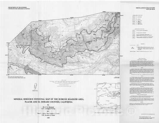 Map : Mineral resource potential map of the Rubicon Roadless Area, Placer and El Dorado Counties, California, 1983 Cartography Wall Art :