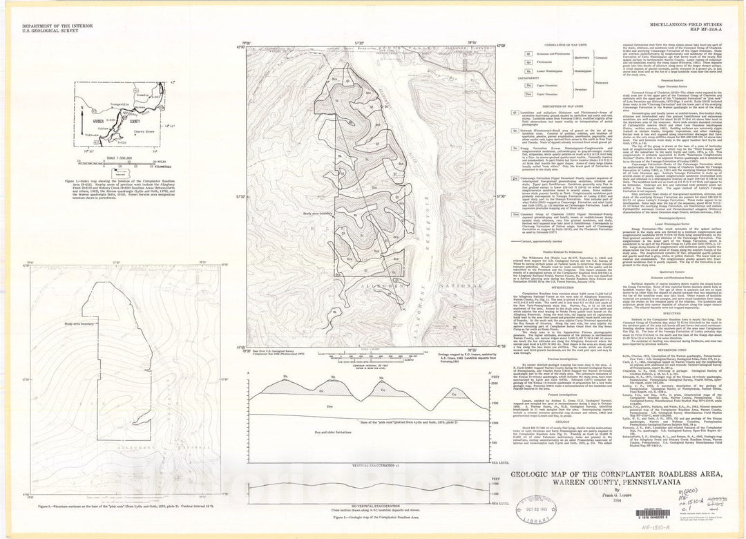 Map : Geologic map of the Cornplanter Roadless Area, Warren County, Pennsylvania, 1984 Cartography Wall Art :