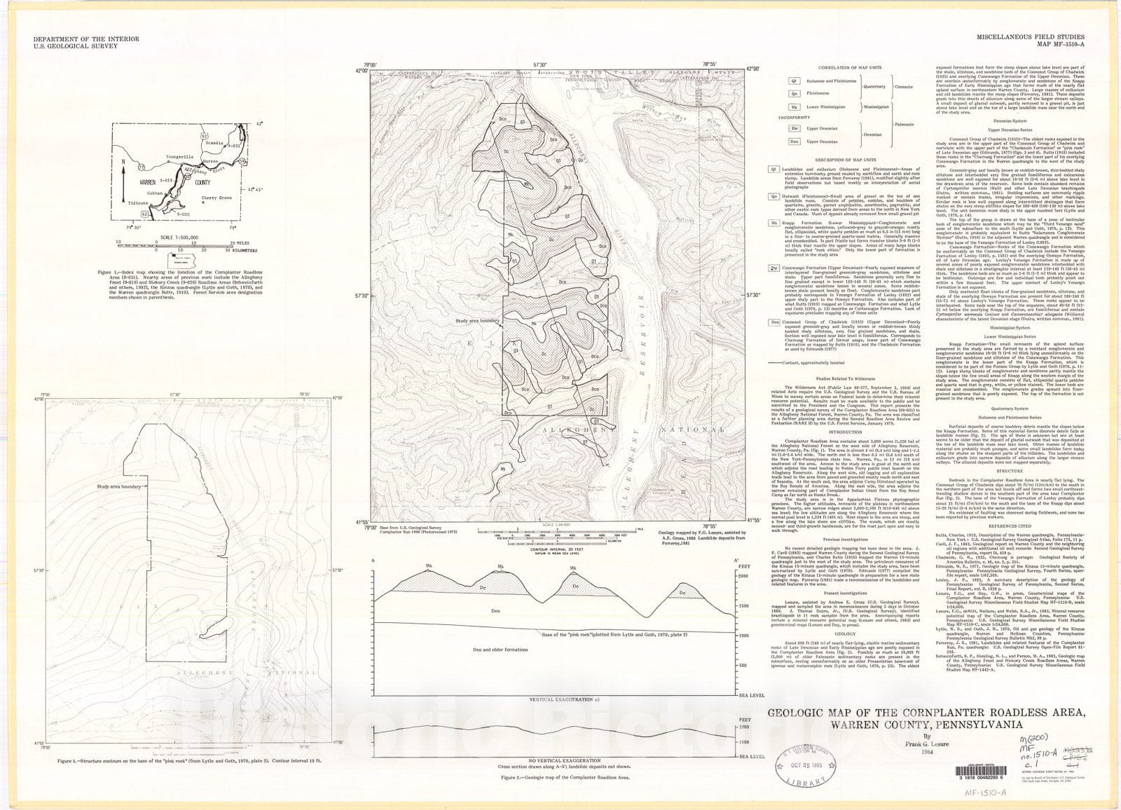 Map : Geologic map of the Cornplanter Roadless Area, Warren County, Pennsylvania, 1984 Cartography Wall Art :