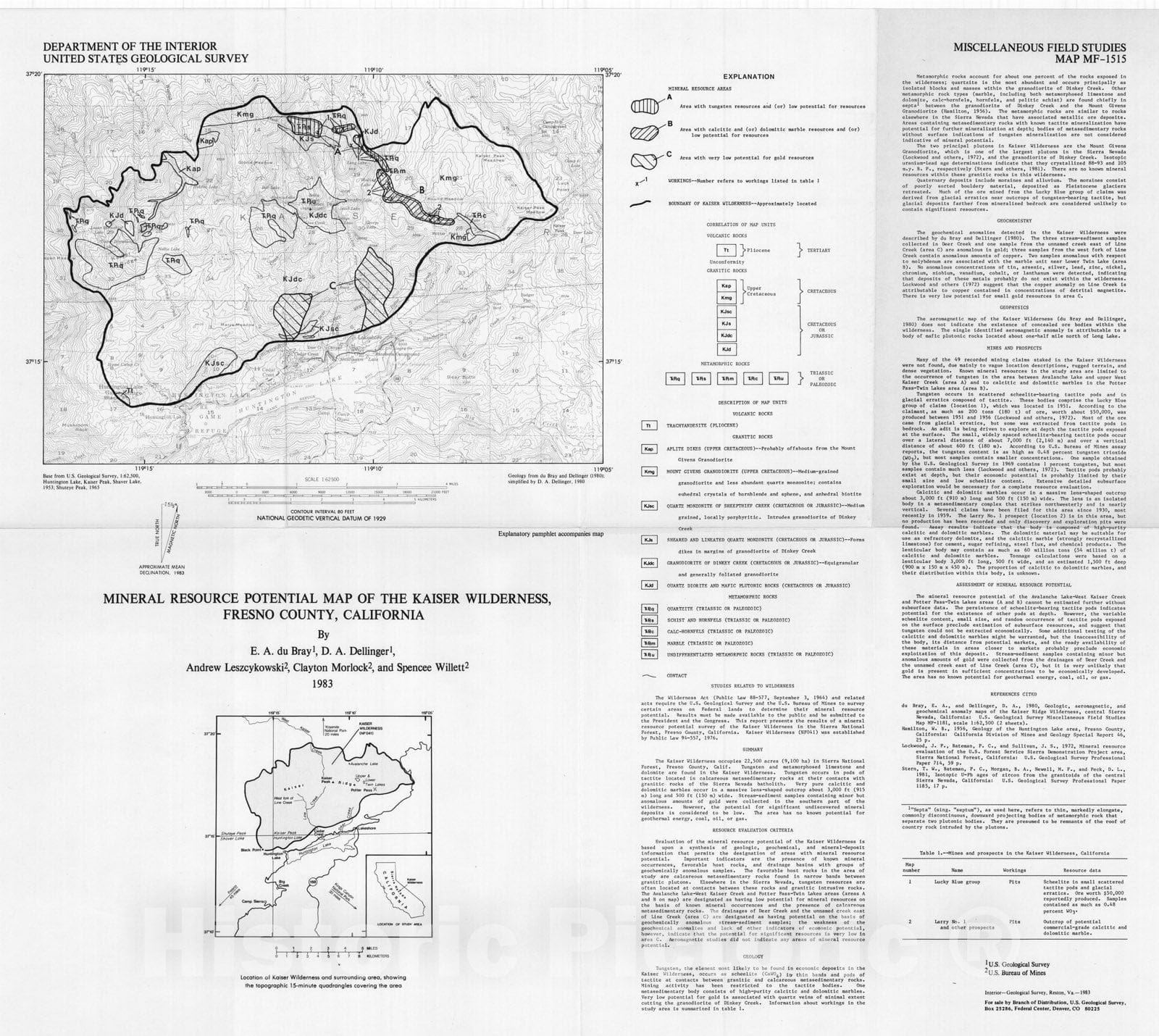 Map : Mineral resource potential map of the Kaiser Wilderness, Fresno County, California, 1983 Cartography Wall Art :