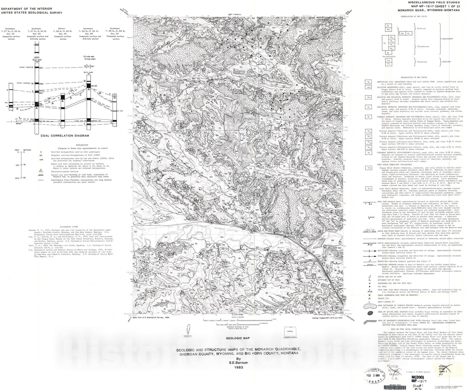 Map : Geologic and structure maps of the Monarch quadrangle, Sheridan County, Wyoming, and Big Horn County, Montana, 1983 Cartography Wall Art :