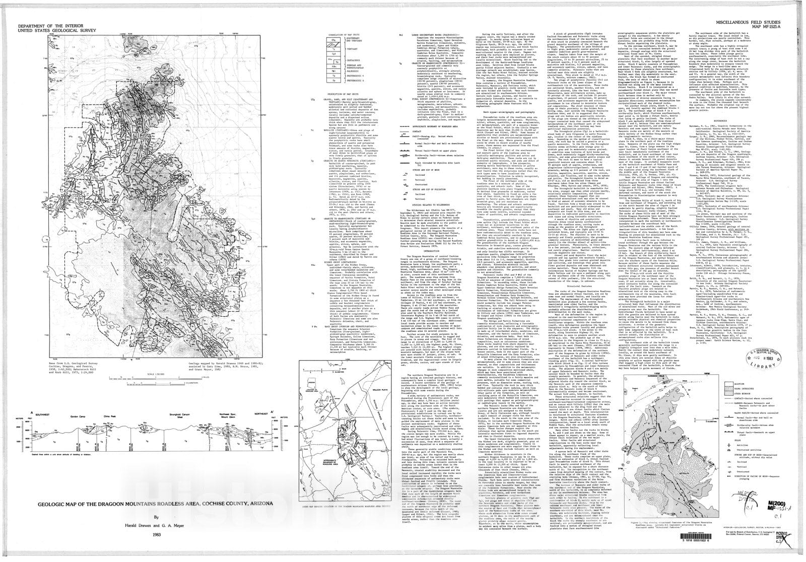 Map : Geologic map of the Dragoon Mountains Roadless Area, Cochise County, Arizona, 1983 Cartography Wall Art :