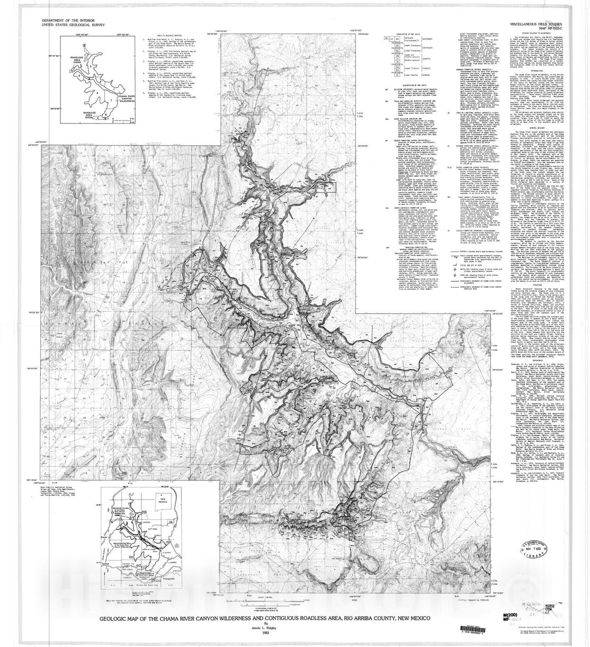 Map : Geologic map of the Chama River Canyon Wilderness and contiguous roadless area, Rio Arriba County, New Mexico, 1983 Cartography Wall Art :
