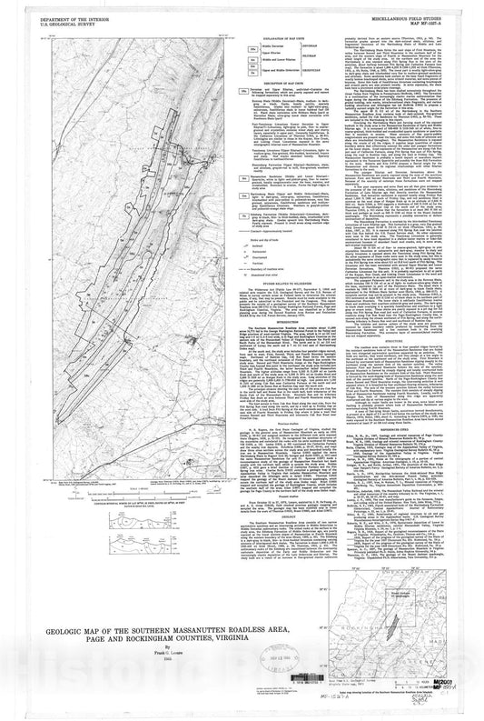 Map : Geologic map of the southern Massanutten Roadless Area, Page and Rockingham Counties, Virginia, 1985 Cartography Wall Art :
