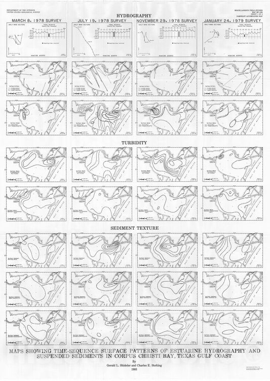 Map : Map showing time-sequence surface patterns of estuarine hydrography and suspended sediments in Corpus Christi Bay, Texas Gulf Coast, 1983 Cartography Wall Art :